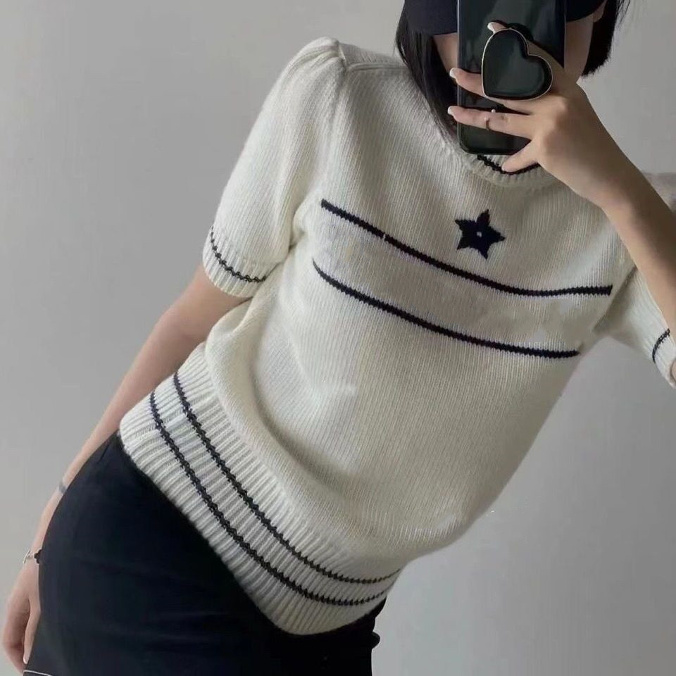 

Women' knits Spring and Autumn new small fragrance wind embroidery knitting round yarn fashion Korean version loose short sleeve striped, White box