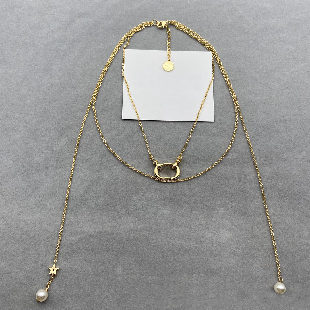 

Double Layer Fashion Pendant Necklaces Pearl Yellow Brass Gold Necklace Star Solitaire Pendants Link Chain Bohemian Style 18K Gold Plated Lobster Clasp Ornaments
