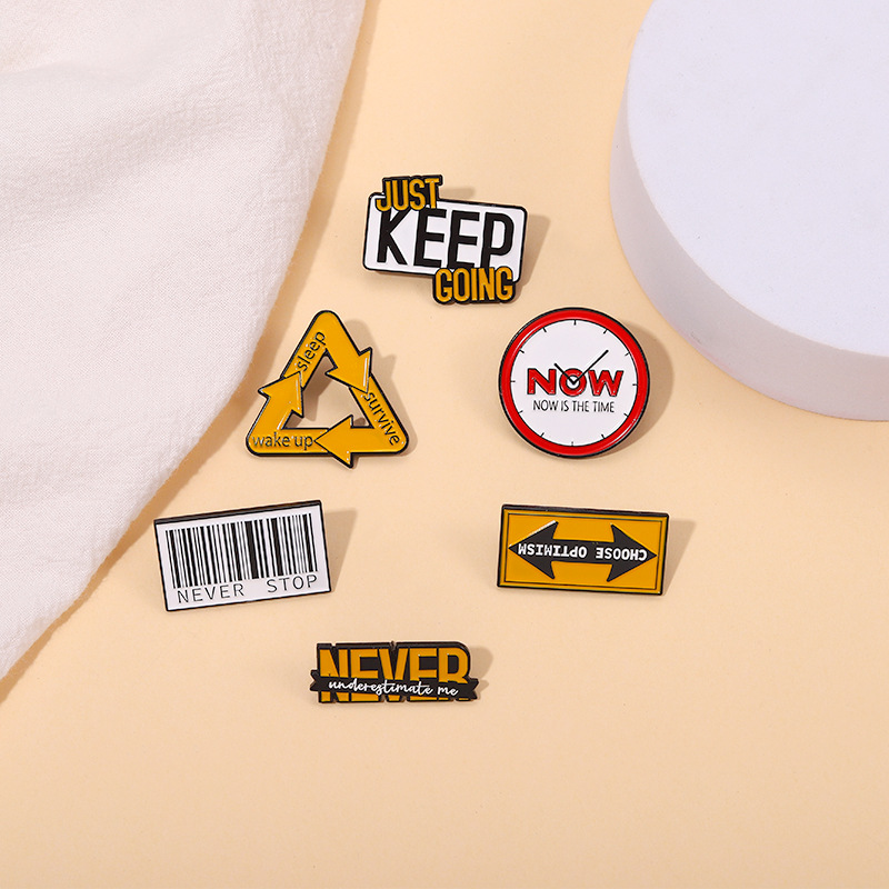

European Keep Going Letters Series Brooch Round Square Never Stop Letter Lapel Pins Geometric Alloy Enamel Corsage Badge For Sweater Cowboy Backpack Brooches
