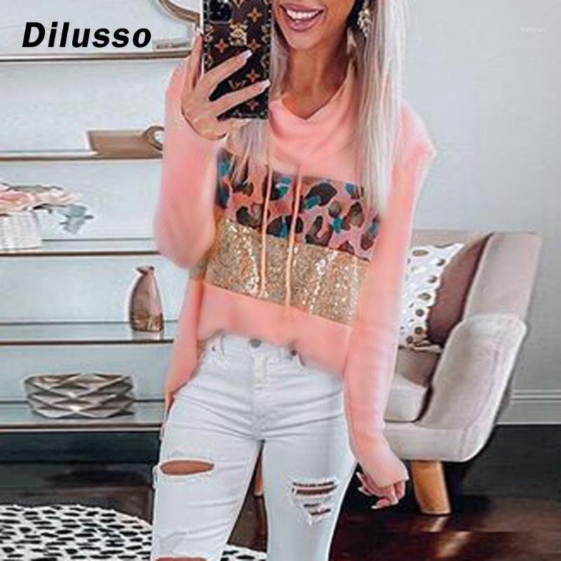 

Women' Casual Leopard Sequins Long Sleeve Sweatshirts Drawstring Hoodie Pullover Tops Female Loose Sweatshirts#D3 Hoodies, Pink