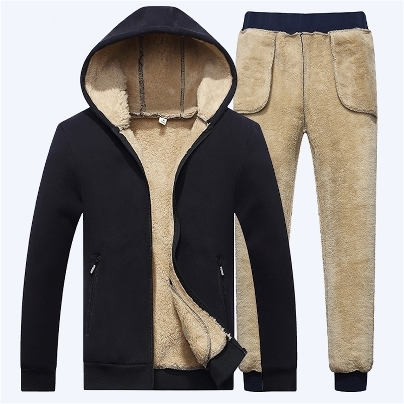 

Lamb cashmere Tracksuit Men Winter Men HoodiePant Fleece Thick Hooded Track Suit Casual Warm cashmere Winter Sweatshirt 201128, Blue