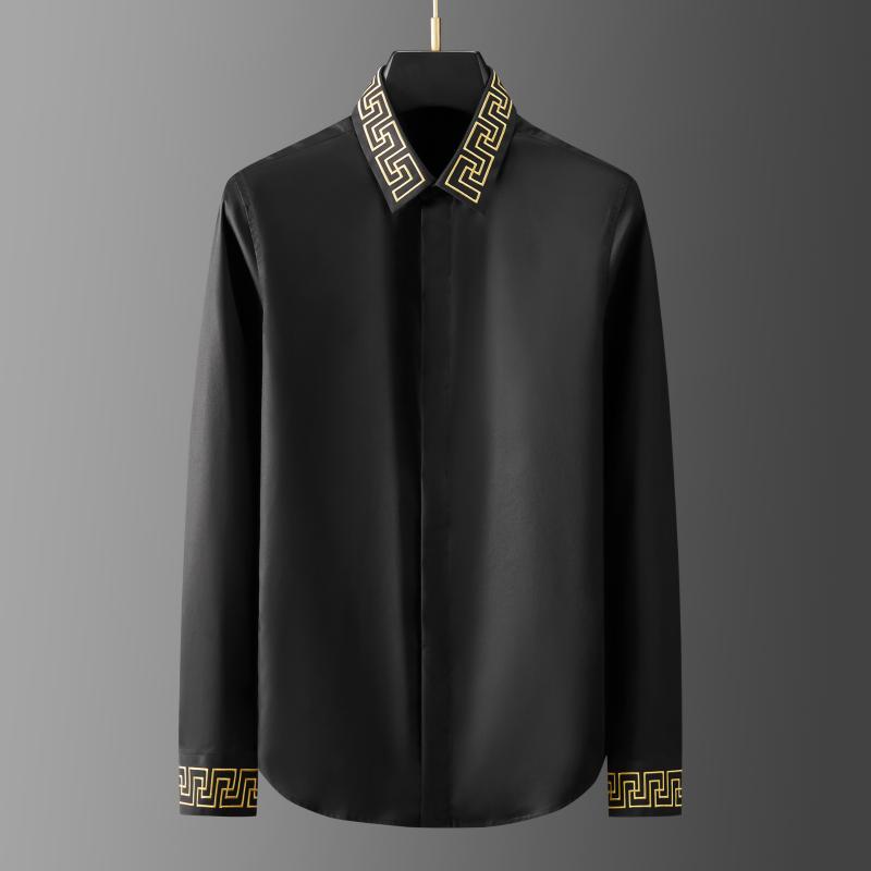 

Men's Casual Shirts 2022 100% Cotton Long Sleeve Shirt Men High Quality Gilding Embroidery Business Dress Mens Fashion Cothing Trends, Black