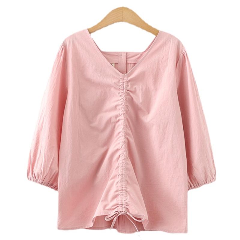 

Women's Blouses & Shirts Spring Summer Women 3/4 Sleeve Casual Cotton V-neck Shirt Vintage Solid Buttons Blouse Female Tunic Tops Chemise Lo, White