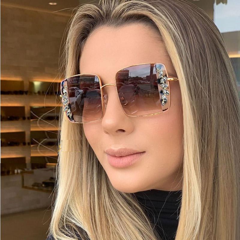 

Sunglasses Fashion Brand Diamond Crystal Women Square Sun Glasses Vintage Oversize Female Pink Flower Points Shades UV400Sunglasses