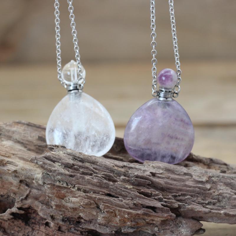 

Pendant Necklaces Drops Natural Fluorite Essential Oil Vial Pendants Necklace Healing Crystal Quartz Perfume Bottle Charms Chains Jewelry QC