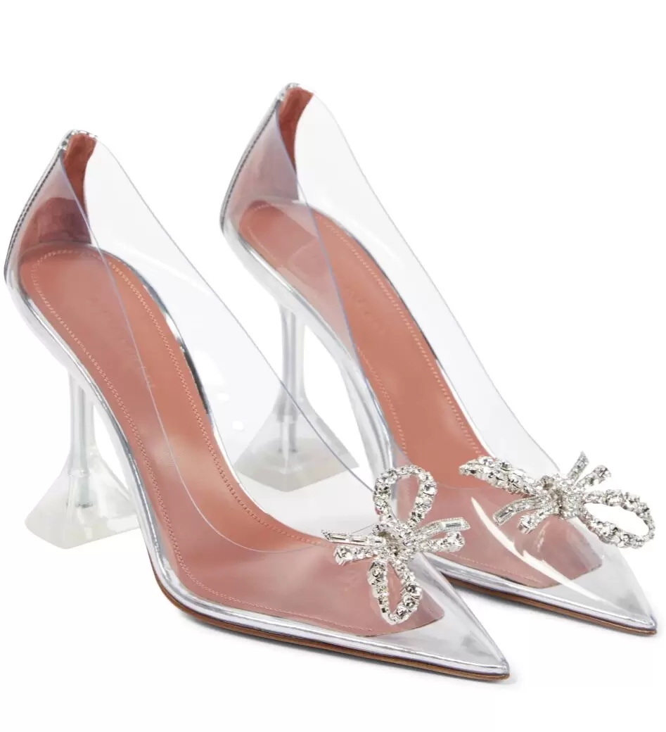 

Aminas/Muaddis Rosie Sandals Shoes For Women Crystal Bow embellished Satin Pumps Pointed Toe Sexy Lady High Heels Black White Blue