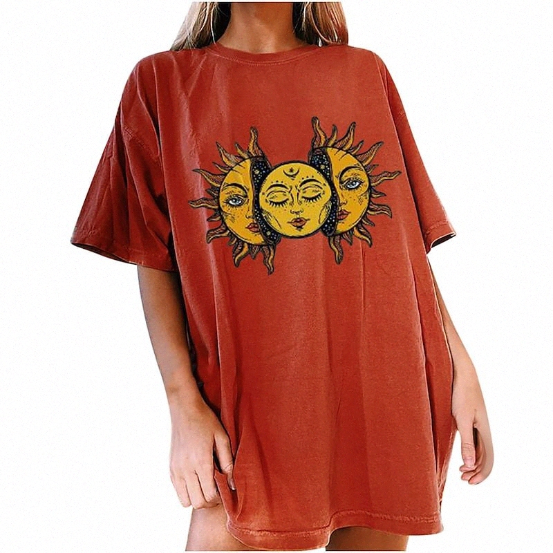 

women's moon and sun tshirt oversized vintage graphic t-shirt sweatshirt crewneck cute sun shirt loose casual orange h, s 99lL#, Figure 1