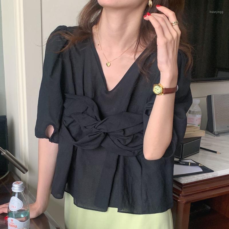 

Women's Blouses & Shirts Korobov Korean Chic Vintage Women Sweet V Neck Bow OL Summer Plaid Puff Sleeve Mujer Blusas, Black