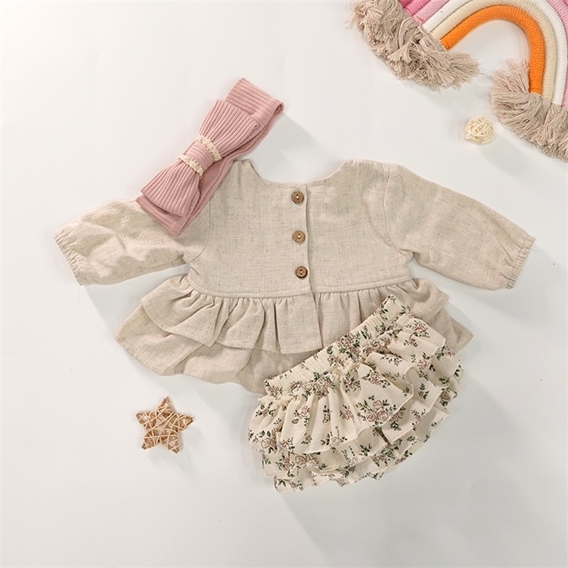 

Baby Clothes Luxury Designer For Girls Spring Soft Linen Cotton Toddler Boutique Clothing Set Long Sleeve Tops floral Bloomers 220519, Beige