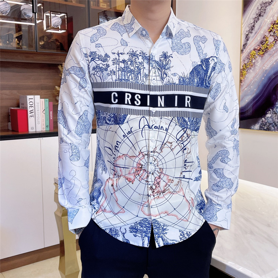

Men's Dress Shirt Luxury Slim Silk T-shirt Long sleeve Casual business clothing plaid brand 17 color -3XL 33, Customize