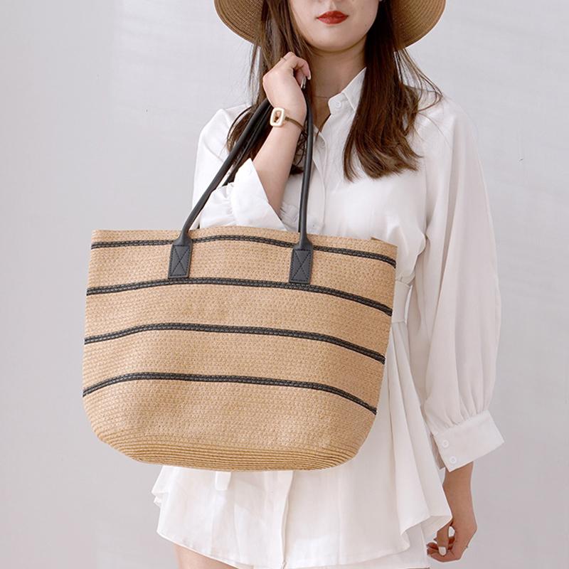 

Evening Bags Women Shopping Tote Bag Fashion Simple Straw Shoulder Handmade Rattan Woven Beach Purse Female Portable Basket, Khaki