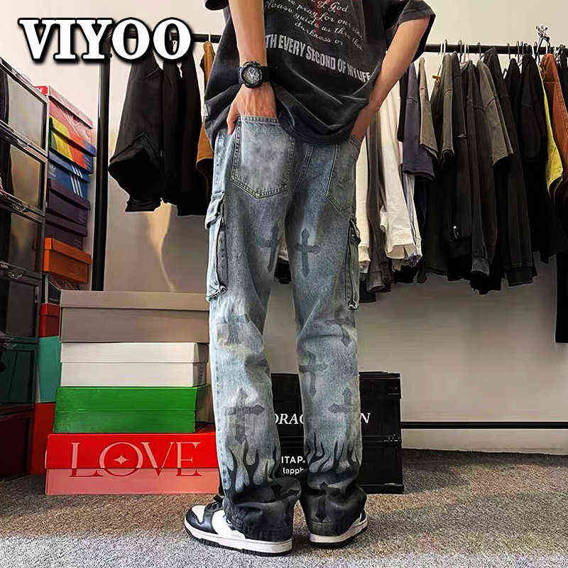 

Cross High Street Men' Summer Fashion Clothing Baggy Y2K Jeans Man Wide Leg Trousers Mopping Jogging Pants For Men Streetwear T220726, Black