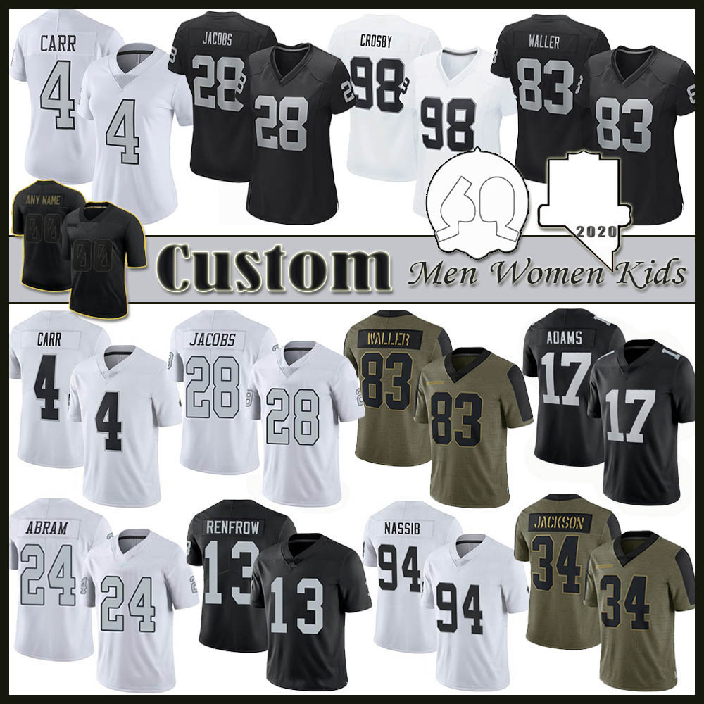 

17 Davante Adams 98 Maxx Crosby Custom Men Women Kids Football Jersey 28 Josh Jacobs Hunter Renfrow Derek Carr Darren Waller Charles Woodson Chandler Jones Howie long, Shown