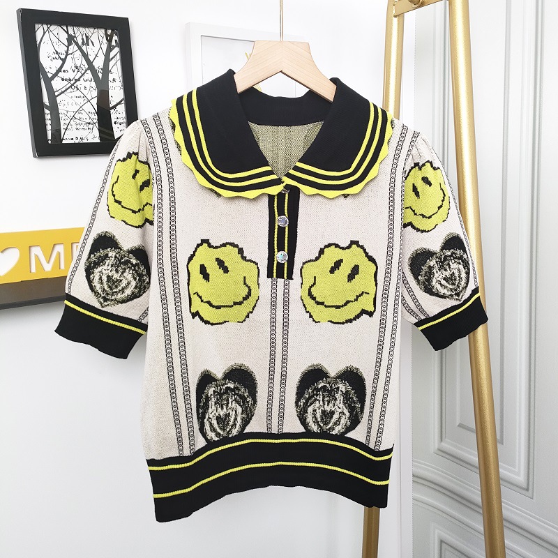 

501 2022 Summer Brand Same Style Sweater Lapel Neck Short Sleeve Cardigan Fashion Womens Clothes ruibing, Customize