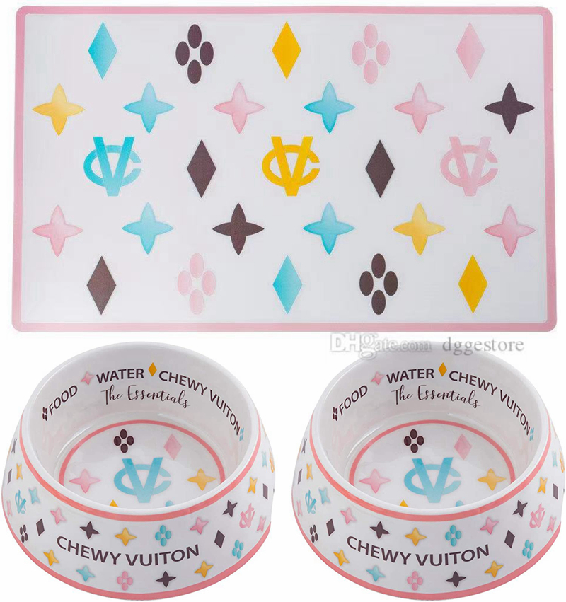 

Designer Dog Bowls and Placemats Set Food Grade Non-Skid BPA-Free Chip-Proof Tip-Proof Dishwasher Safe Malamine Bowls with Fun Brand Parody Designs 2 Bowl 23 OZ J01