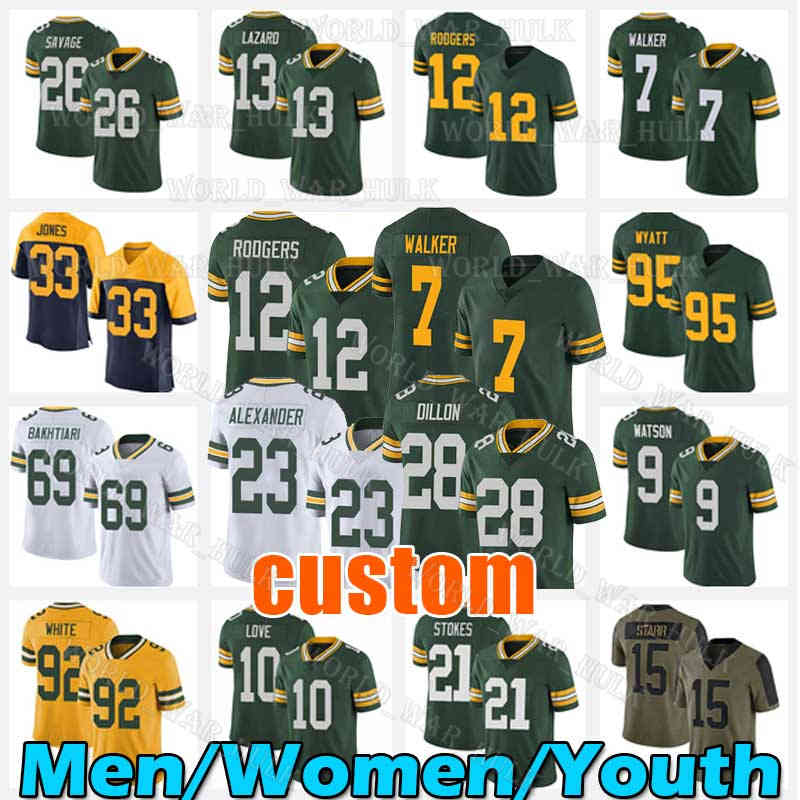 

7 Quay Walker Football Jersey 12 Aaron Rodgers Christian Watson Devonte Wyatt Jones Jaire Alexander Eric Stokes AJ Dillon David Bakhtiari Randall Cobb Mason Crosby, Women custom jersey(b z g)