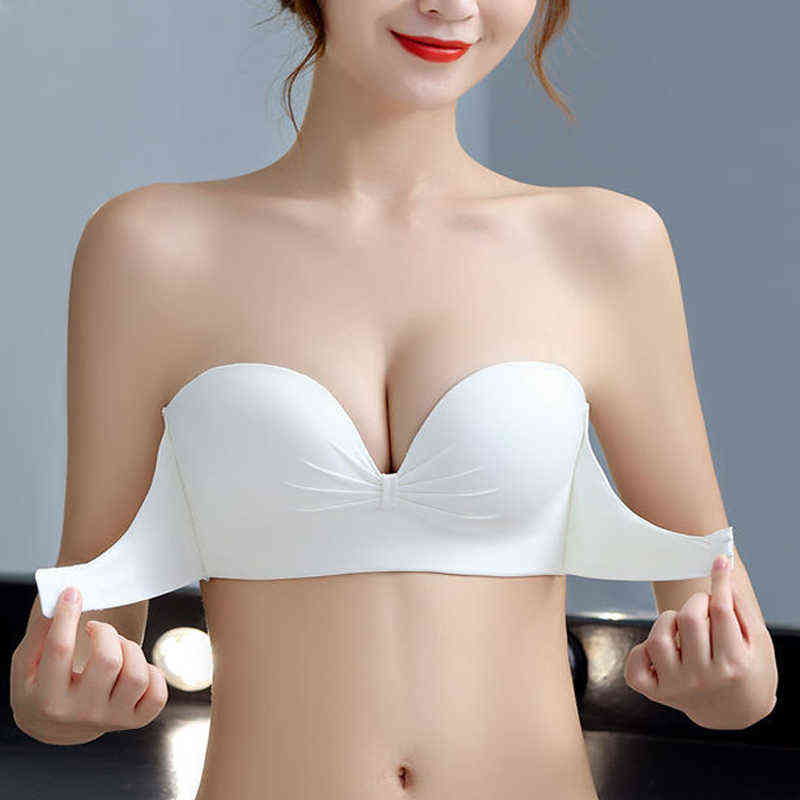 

Women's Bra New Seamless Front Buckle Women Sexy Strapless Push Up Glossy Lnvisible Non-Slip One-Piece T220726, White