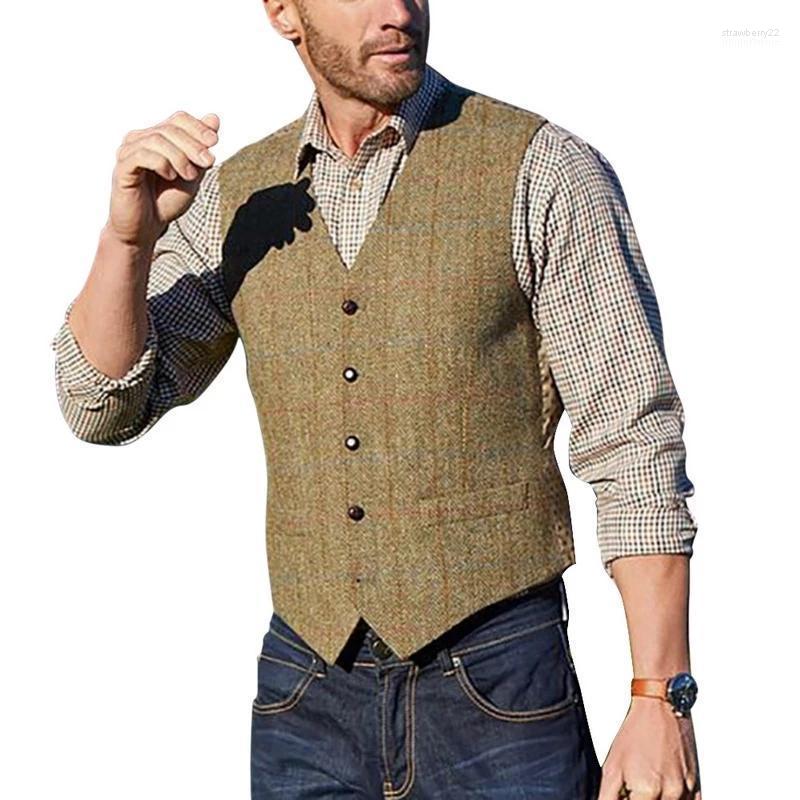

Men' Vests Casual Brown Single Breasted Business Sleeveless V-Neck Waistcoat Plaid Suit Vest For Wedding Party Dress 2022 Stra22