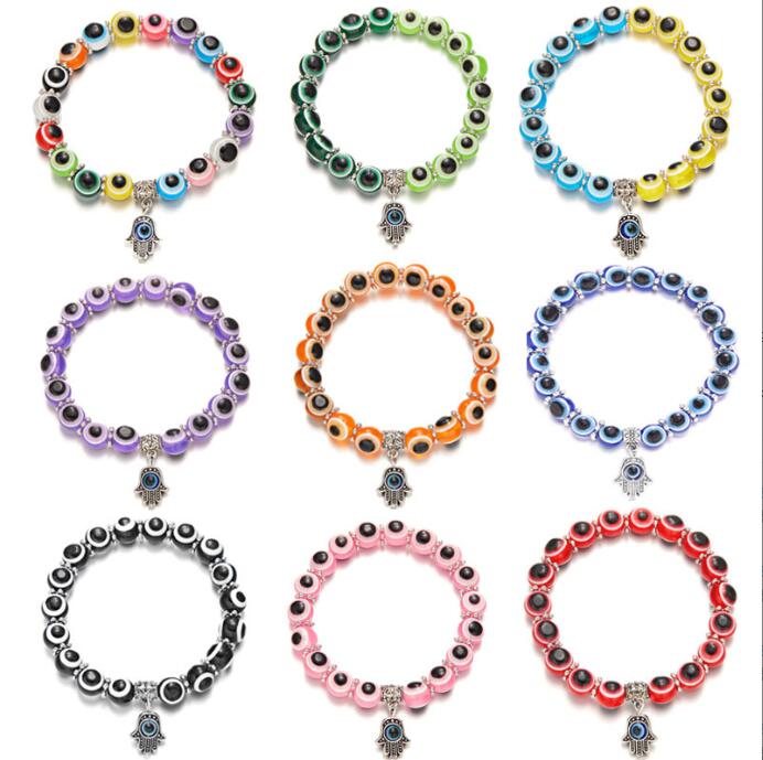 

Turkish Evil Eye Strands Bracelet Charms Fatima Hamsa Hand Lucky Blue Eyes Beaded Bracelets for Women Men Lovers Elastic Rope Beads Jewelry Gifts Pulseras
