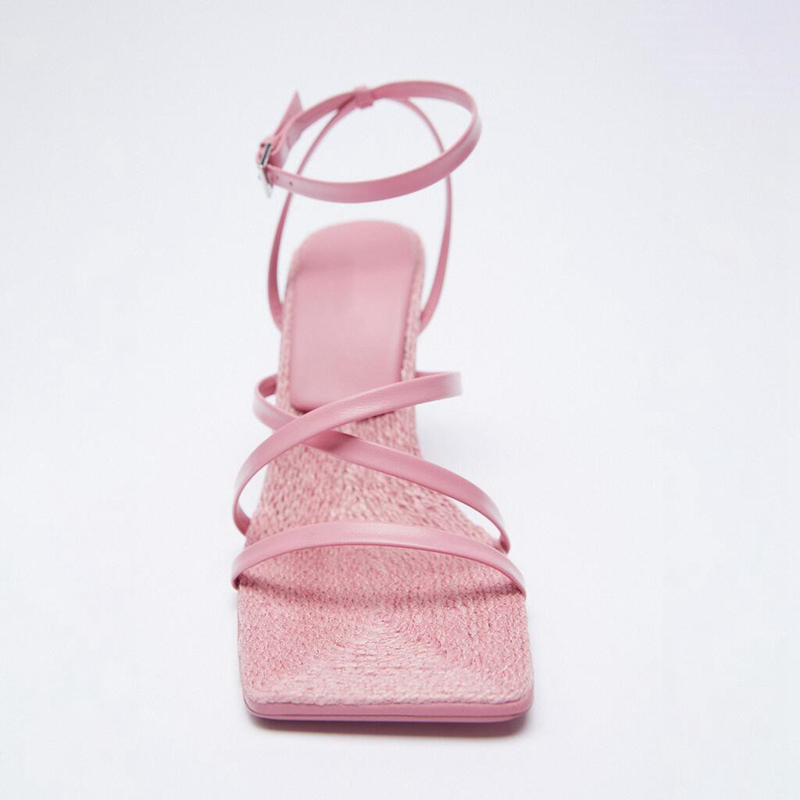 

Top Luxury New Pink Women Sandal Fashion Narrow Band Gladiator Shoes Thin High Heel Square Toe Outdoor Dress Pumps
