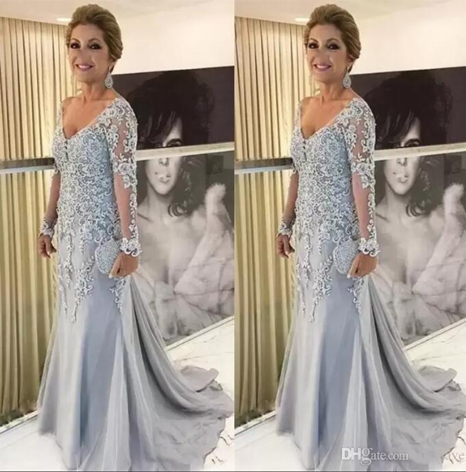 2023 Argent Gris Sirène Grande Taille Mère De La Robe De Mariée Col En V Manches Longues En Dentelle Appliques Tulle Perles Balayage Train Robes
