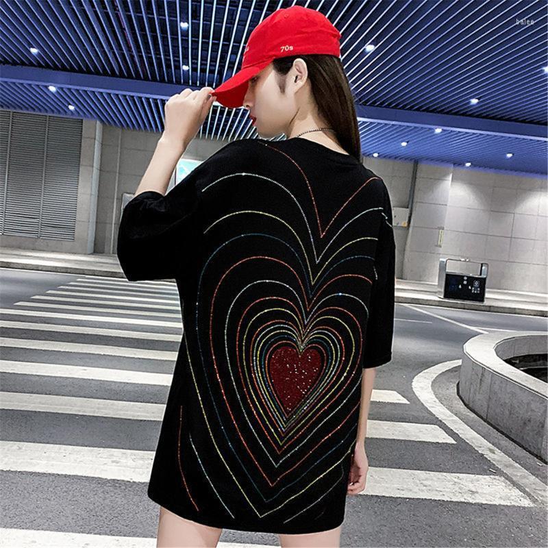 

Women's T-Shirt Black Funny Women Harajuku Hip Hop Japanese Summer Tops Fashion Ulzzang Oversized Diamonds Heart Print T Shirt Femme Streetw