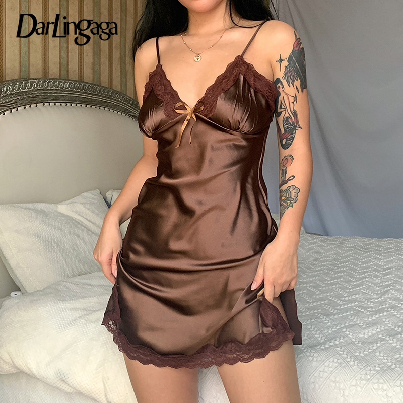 

Darlingaga Vintage Chic Strap Lace Patchwork Brown Satin Summer Dress Female Fashion Bow Split Sexy Dresses Party Sundress Club, Black