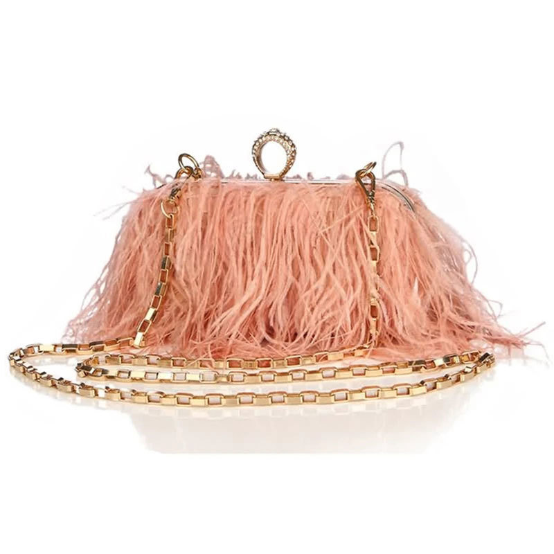 

Luxy Moon Designer Ostrich Fur Feather Wallet Clutch Bag Women Diamond Knuckle Rings Dinner Evening Chain Purse 220617, Champagne