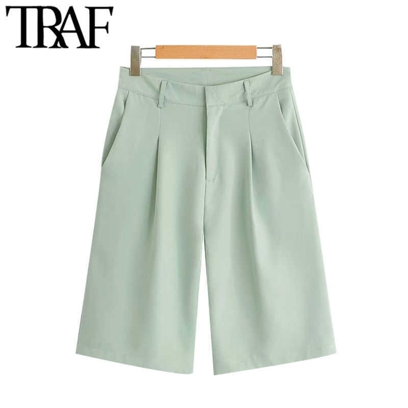 

TRAF Women Chic Fashion Office Wear Straight Pants Vintage High Waist Side Pockets Female Short Pantalones Mujer 210607, As picture