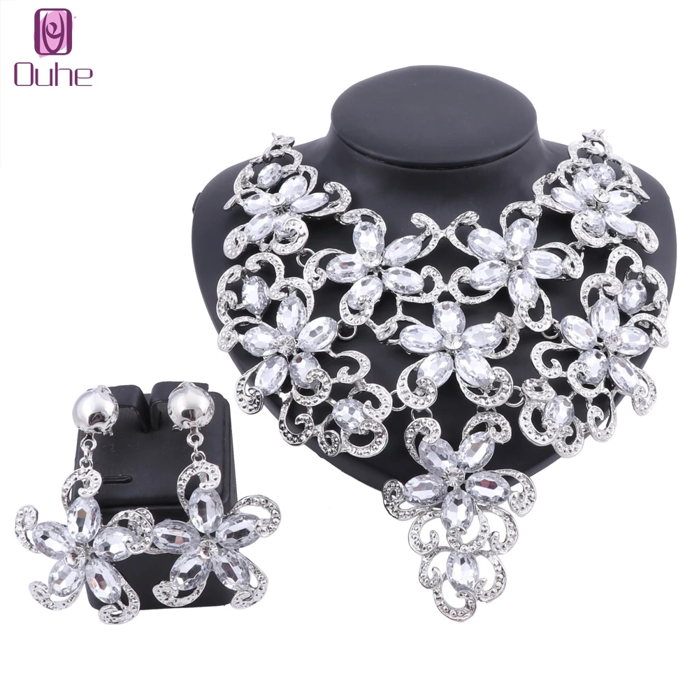 Women's Elegant Austrian Crystal Statement Flower Necklace Earrings Party Gift Jewelry Set For Wedding Dress