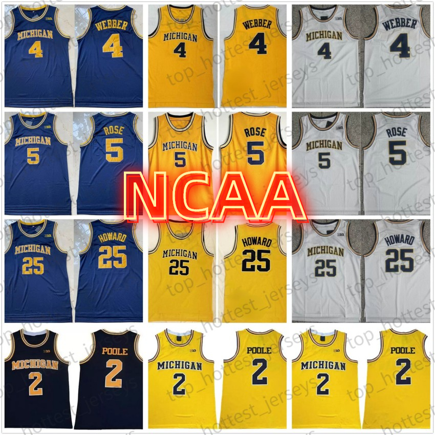

NCAA Michigan Wolverines College 2 Poole 5 Jalen Rose Yellow Basketball 4 Chris Jerseys Webber 25 Juwan Howard Vintage Blue White Stitched Shirts University Uniform, As
