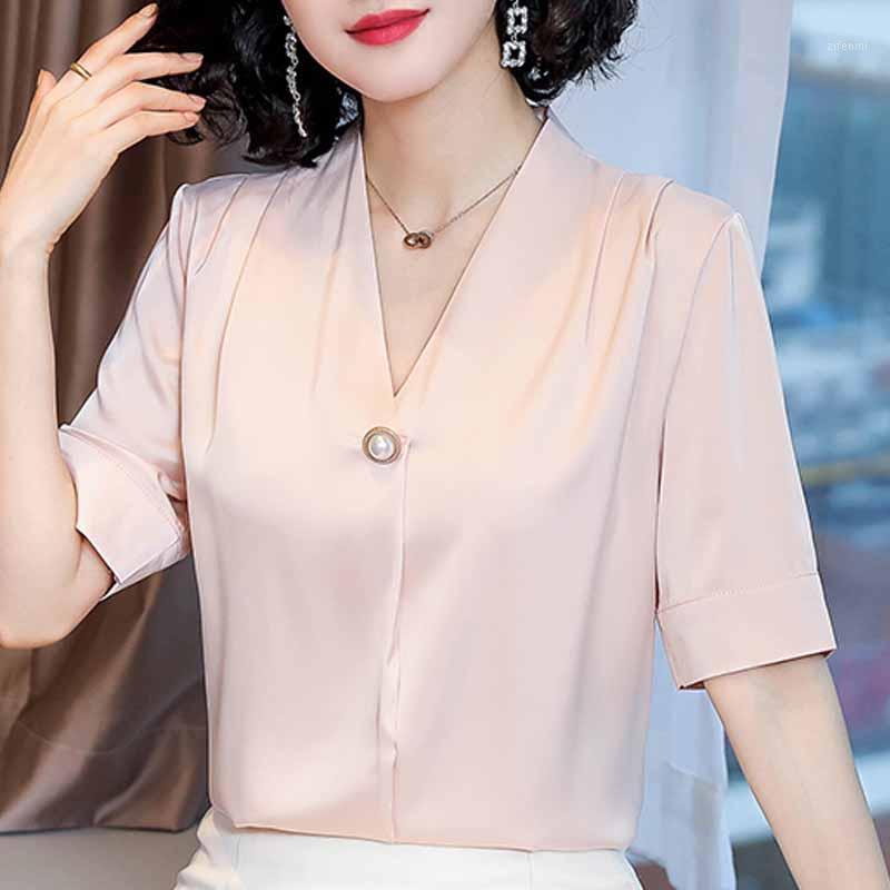 

Blouse Women Blusas Mujer De Moda 2022 V-neck Office Shirts Short Sleeve Chiffon Shirt Tops Blusa D228 Women' Blouses, Pink
