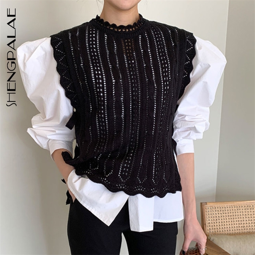 

SHENGPALAE 2021 New Autumn Jumper Knitted Loose Fashion Pullover Femme Lace Hollow Design Side Strap Waistcoat ZA5370 210203, Black