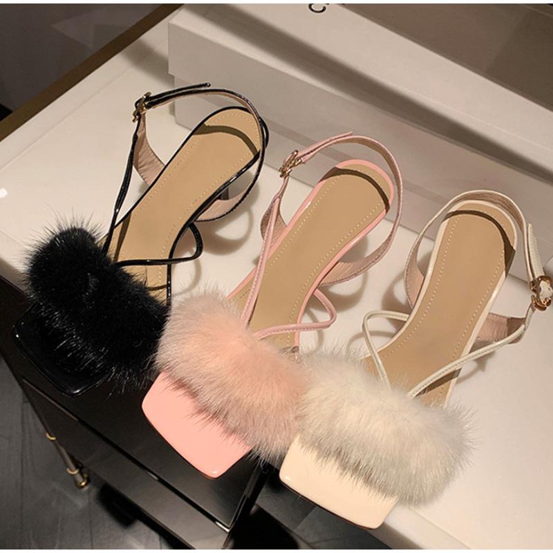 

Sandals Women Sexy Plush Upper High Heels Ladies Party Elegant Square Open Toe Ankle Strap Buckle Pumps Female Solid Summer SandalsSandals, Black