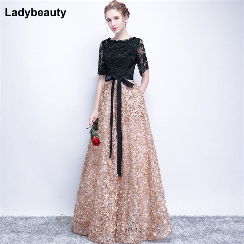 

Ladybeauty Vintage Black ALine Lace Long Evening Dresses Half Sleeves Beaded scoop neck long appliques evening dress prom dress 201114, Rose red