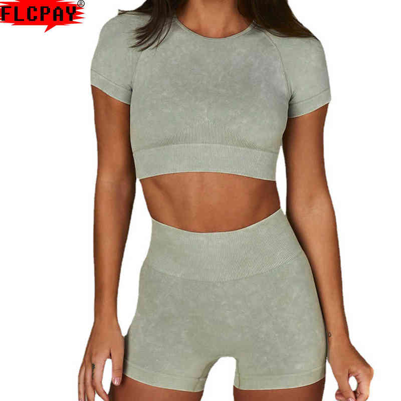 

Summer Yoga Wear Sand Washing Faux Denim Short Sleeves Comfortable Breathable Moisture Wicking Fitness Suit Gym Sports Fitness T220725, Light green