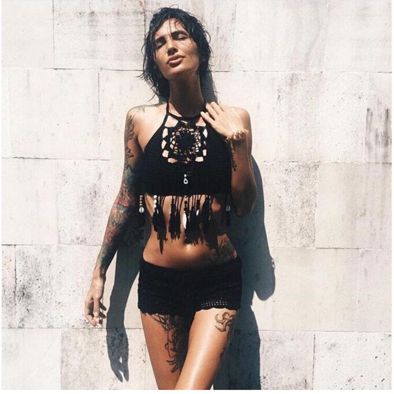 

Women' Swimwear Knitted Hollow Split Bikini Tassel Sexy Lady Beach Swimsuit, Beige