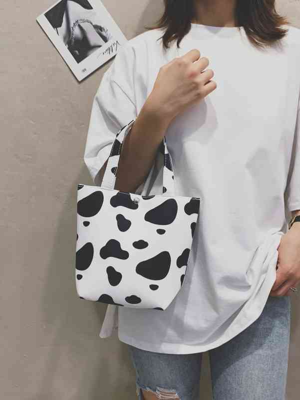 

Bag Brand Designer Fashion Dinner Luxury Shoulder Handbag Cow Print Snap Button Bucket Superior Quality Genuine Shopping Wallet, Black and white 1