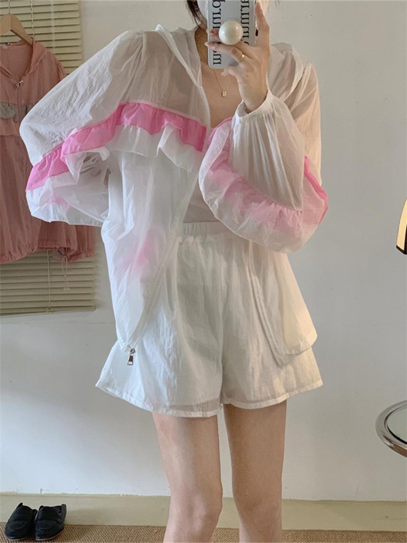 

Women's Tracksuits Alien Kitty Sunscreen Summer Stylish Ruffles Women Coats Wide Leg Shorts 2022 All Match Casual Chic Office Lady Loose Sui, Blue