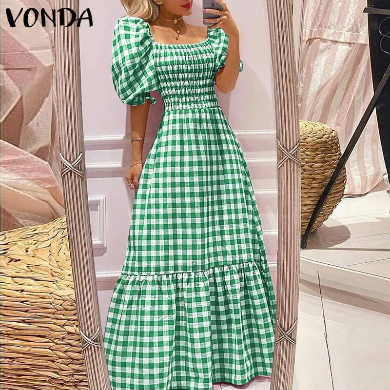 

Summer Party Dress Women Green Robe VONDA Vintage Short Sleeve Square Collar Plaid Maxi Dresses Holiday Vestidos 220613