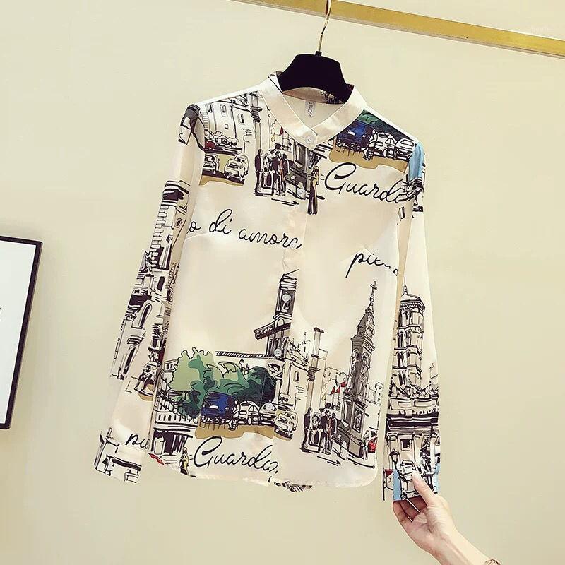 

Women' Blouses & Shirts Women Shirt Long Sleeve Autumn Summer O-Neck Vintage Print Chiffon Blouse Casual Plus Size Office Ladies Tops Blusa