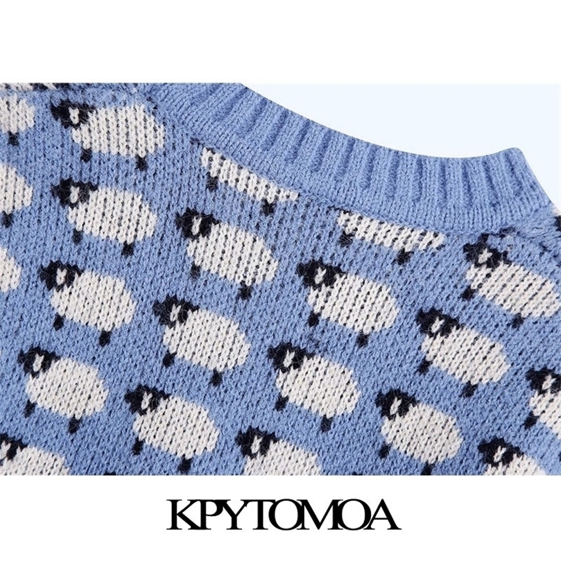 

KPYTOMOA Women Fashion With Ribbed Trims Jacquard Knitted Sweater Vintage O Neck Long Sleeve Female Pullovers Chic Tops 201203, As picture
