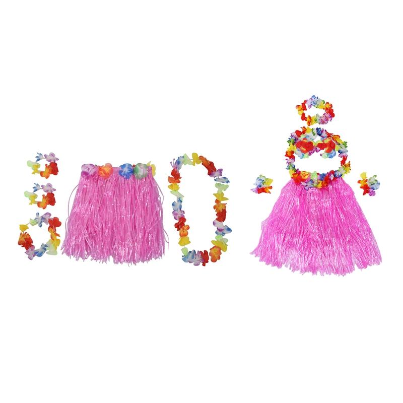 

Skirts 2 Set Grass Skirt: 1 6 Pcs Hawaiian Skirt Flower Hula Lei Wristband Garland Fancy Dress Costume & Pink Children
