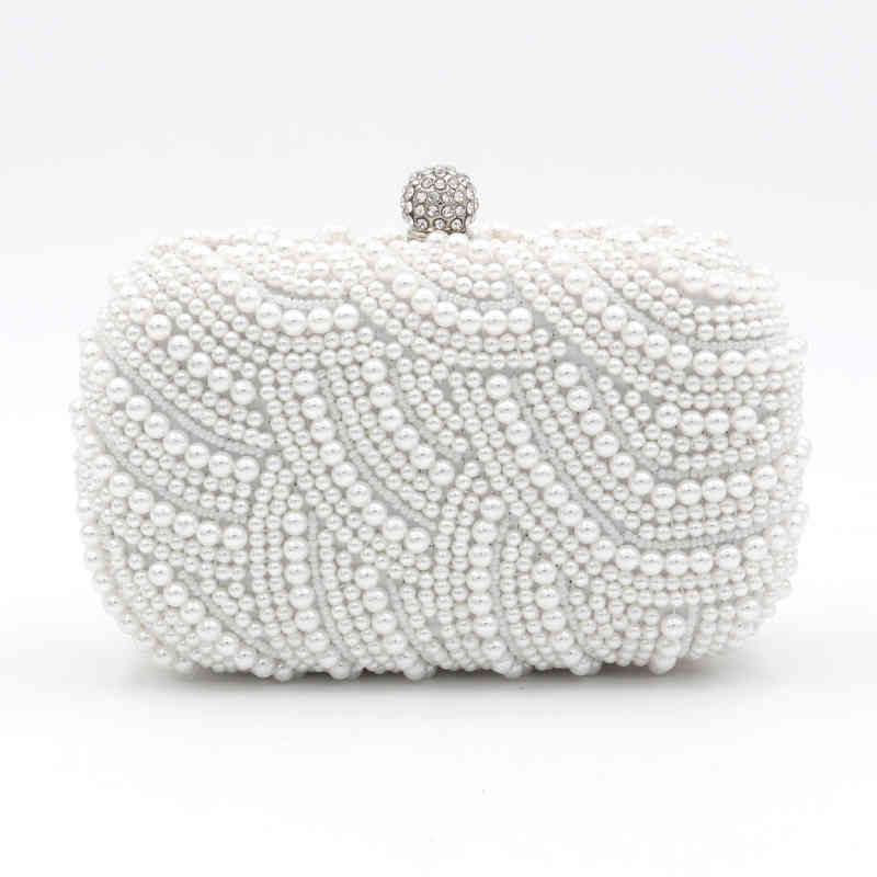 

New Style Lady Handmade White Pearl Beaded Dinner Party HandBag Wedding Clutch Womens Pearl Evening Bags Bridal Purse Bags, Beige