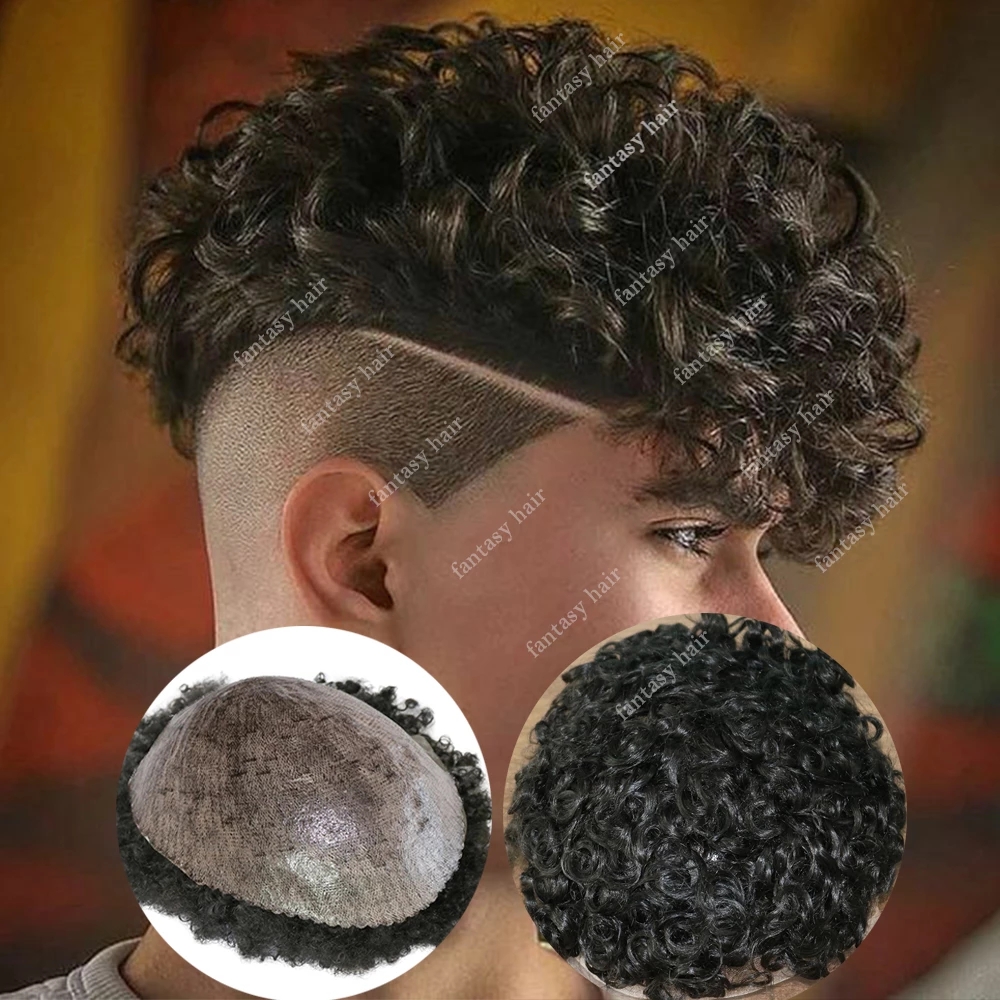 

20MM Curly Mens Toupee Remy Human Hair Wigs Durable Thin Skin PU Toupee Men Capillary Prosthesis Hairs Unit Replacement System