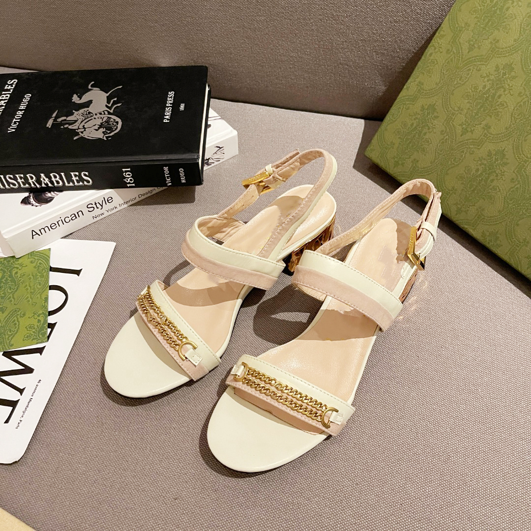 

2022 new spring sandals electroplated heel chain decoration fashion high-quality slope heel full leather slippers 35-42, Red