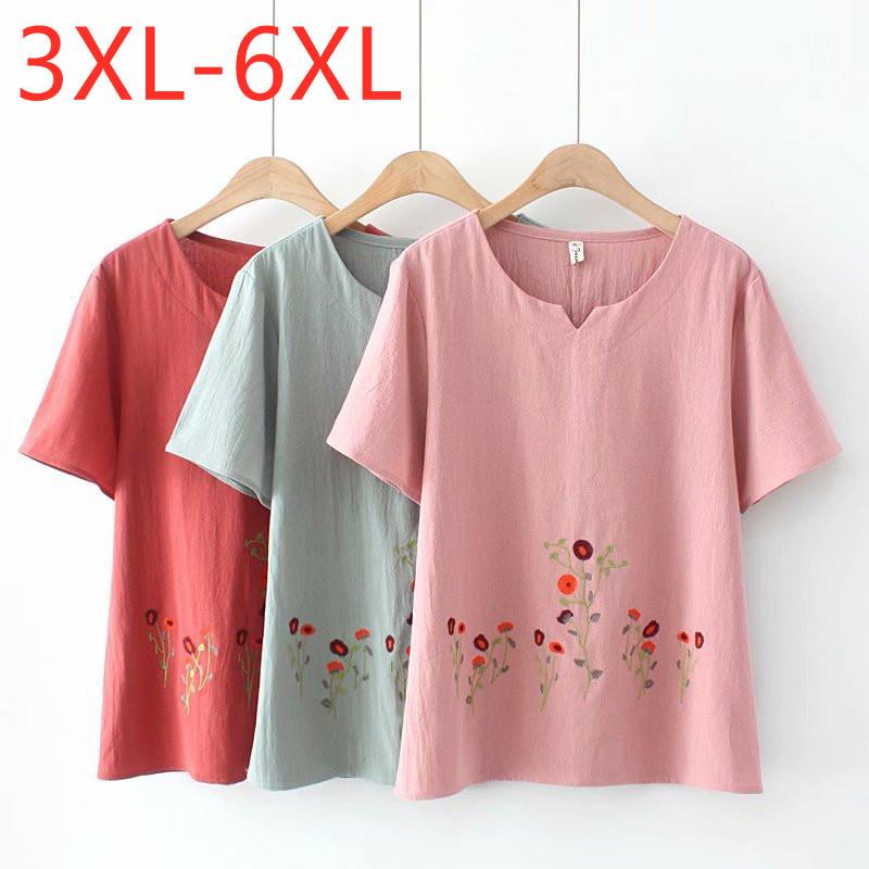 

Women's T-Shirt Ladies Summer Plus Size Tops For Women Large Short Sleeve Loose Cotton Linen Floral Embroidery 3XL  5XL 6XLWomen's, Sky blue