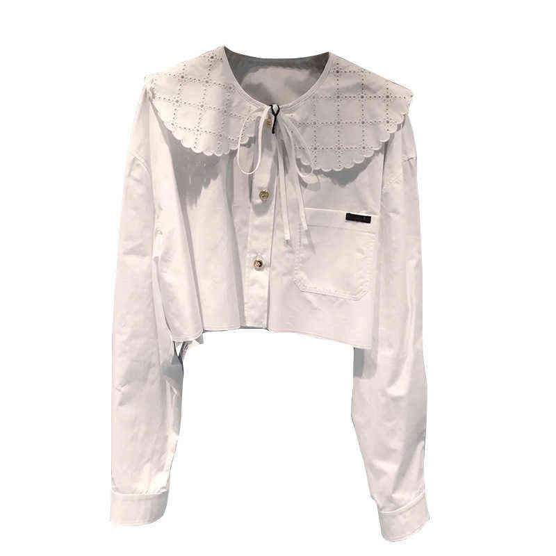 

Miu white shirt embroidered doll collar long sleeve short shirt versatile girl top 2022 early spring