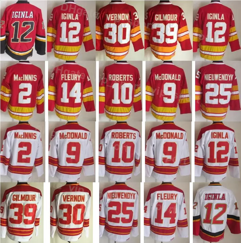 

Vintage Hockey Retro 39 Doug Gilmour Jersey 12 Jarome Iginla 2 Al Macinnis 9 Lanny McDonald 10 Gary Roberts 14 Theoren Fleury 25 Joe Nieuwen, 2 red