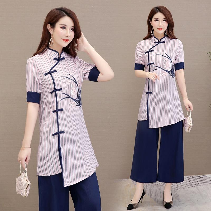 

Ethnic Clothing Traditional Chinese For Women Irregular Striped Cheongsam Top Summer Plus Size High Waist Wide Leg Pants Set 10434Ethnic